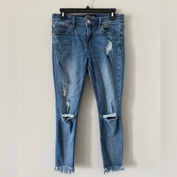 Express Performance Stretch Legging Mid Rise Light Blue Distressed Skinny Jeans - Picture 1 of 5